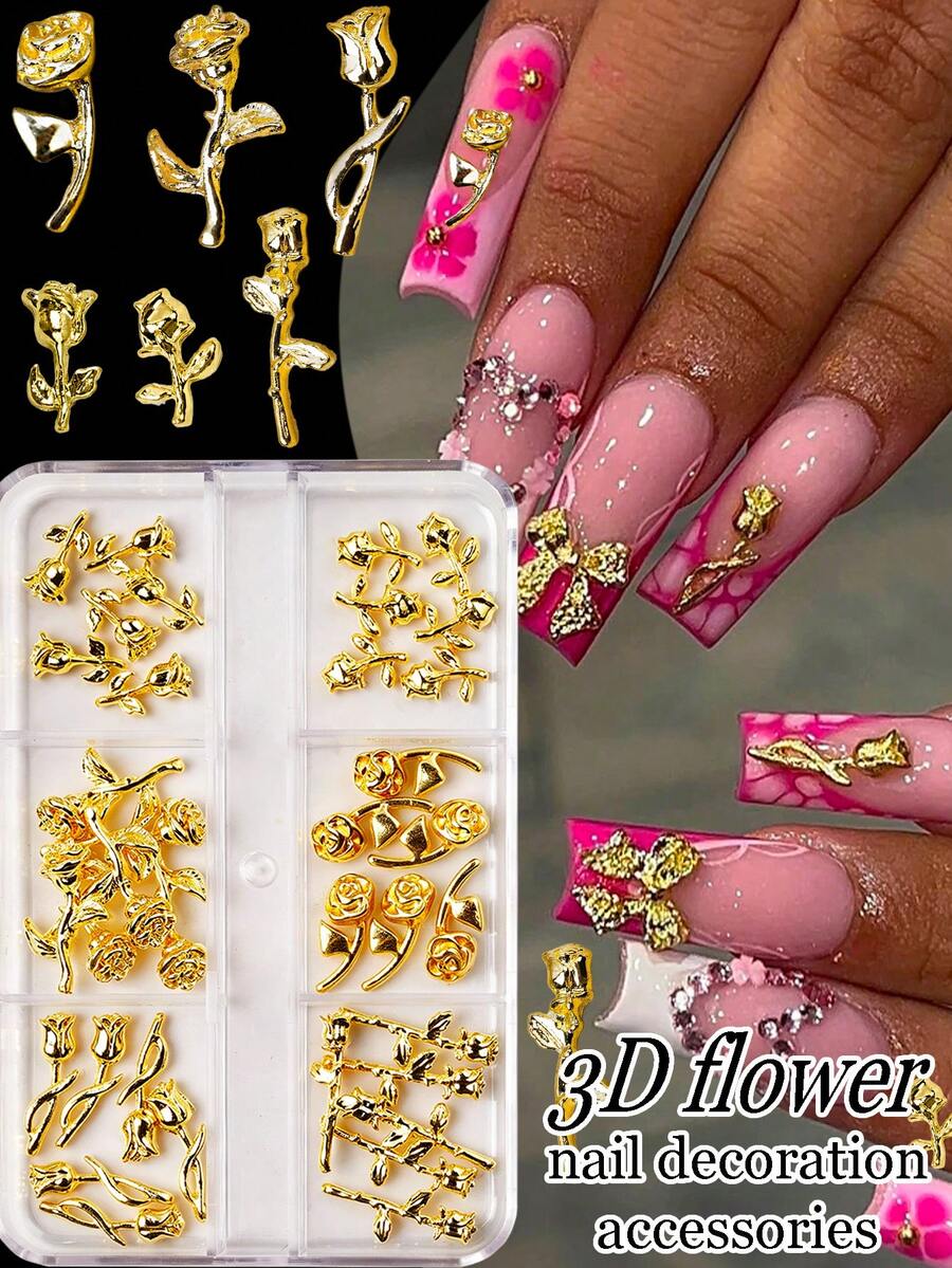 6-Grid 36pcs Luxury Metal Tulip & Rose Nail Art Charms, DIY Press-On Nail Accessories, Korean & Japanese Fashion Versatile Metal 3D Nail Decor, Y2K Vintage Floral Nail Art Charms - Gold - View 1