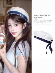 1 Classic Sailor Hat, Vintage Sailor Cap, Unisex Navy Hat, Sweet Cute Hat With Ribbon, Bow Beret Hat, Letter Embroidered Flat Top Navy Cap, Party And Cosplay Accessory - Sailor Hat - View 6