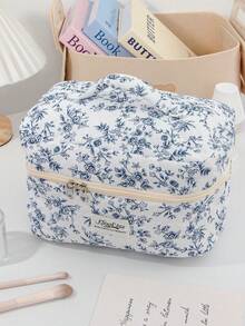 3pcs Blue Vintage Floral Quilted Makeup Bag Set, Portable Travel Toiletry Bag, Soft Zipper Makeup Organizer Bag, Small Pencil Case, Vintage Elegant Floral Print Bag, Suitable For Women's Daily Makeup, Skincare, Stationery And Travel Use - Beauty and Makeup Bag - View 7
