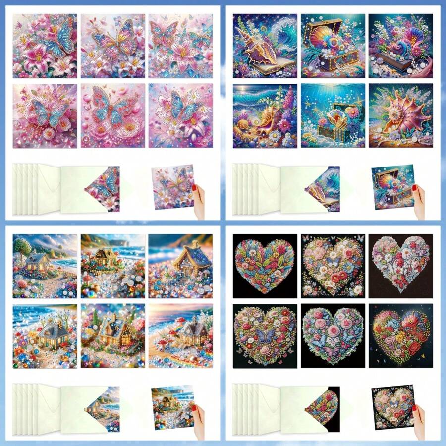 6pcs Diamond Painting Greeting Card Set, Butterfly, Seashell, House, Flower Patterns, Paper Material With Partial Mosaic Craft, Holiday Greetings For Friends And Family, Banquet Handwritten Blessing Cards, Anniversary Message Cards