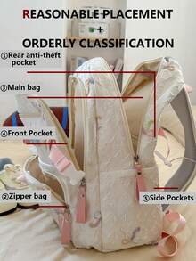Student Backpack, Bow Embroidery Pattern Soft Quilted Fabric With Pendant, Multiple Pockets Adjustable Shoulder Straps, Cute Japanese Style, Suitable For Teenage Girls Daily Use In All Seasons - Multicolor - View 4