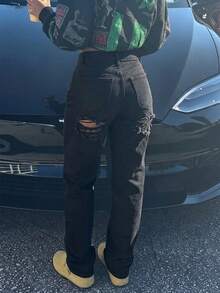 女款休閒做舊牛仔褲，經典復古直筒牛仔褲，春夏新款時尚牛仔褲，黑色秋季款 - 黑色 - 查看 3