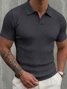 Men's Classic Ribbed Knit Polo Short Sleeve Shirt, Solid Color, Suitable For Summer Outings, Fashionable Essential Item - Dark Grey - View 2