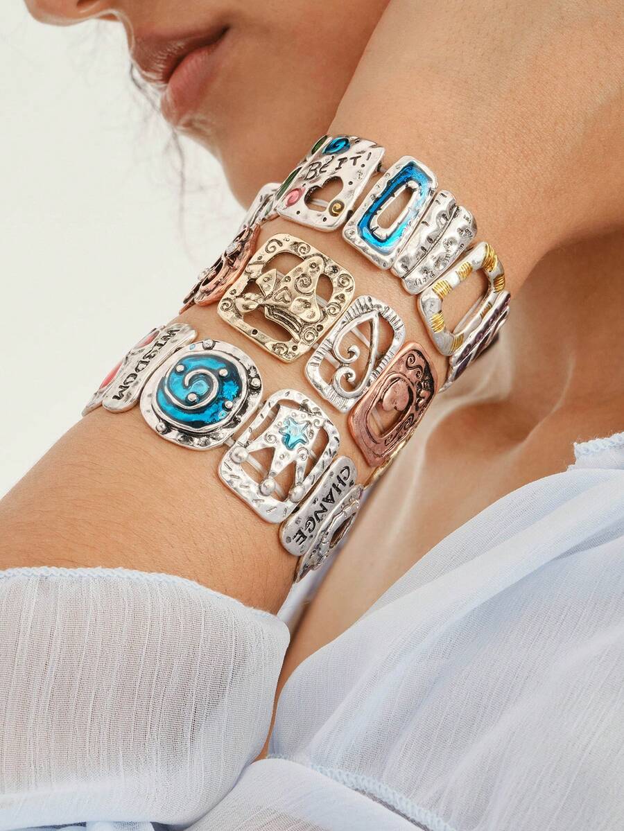 Nocturel 1pc Women's Fashion Elastic Bangle, Vintage Boho Style With Crown, Hollow Heart & Spiral Geometric Letter Print Mix Design, Great For Vacation - Multicolor - View 1