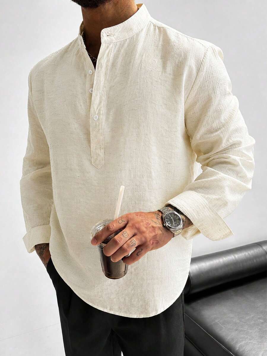 Camisa GloMan para hombre de mezcla de lino blanco con media abertura, manga larga, simple, unisex, para vacaciones de verano, uso diario, ropa casual de oficina, regreso a la escuela, regalo para papá, esposo - Blanco - View 1