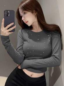 女款秋季圓領長袖修身休閒T恤 - 深灰色 - 查看 2