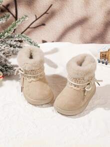 1 Pair Baby Girls' Thick Warm Snow Boots, Winter Stylish Snow Boots - Beige - View 2