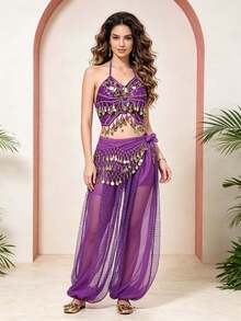 Belly Dance Embroidered Coin Fringe Halter Crop Top With Waist Scarf, Sequin Panel Chiffon Harem Pants For Arabian Themed Party & Stage Performance - Multicolor - View 1