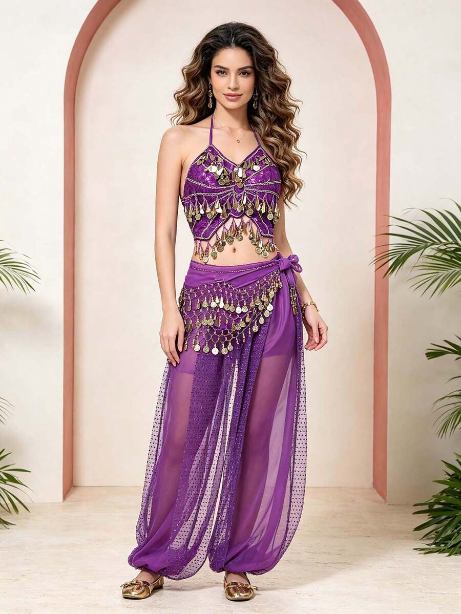 Belly Dance Embroidered Coin Fringe Halter Crop Top With Waist Scarf, Sequin Panel Chiffon Harem Pants For Arabian Themed Party & Stage Performance - Multicolor - View 1