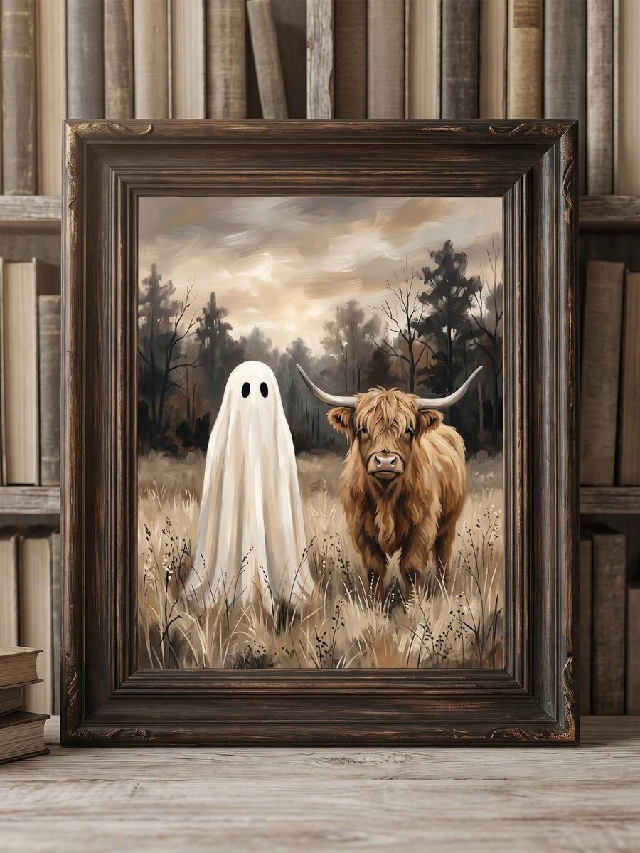 1pc Framed Canvas Wall Art, Vintage Country Style Highland Cow And Cute Ghost Wilderness Oil Painting Canvas Wall Decor, Low Saturation Atmospheric Autumn Forest Farmhouse Poster, Hot-Selling Home Decor Wall Hanging, Suitable For Modern Home Decoration - Ghost - View 1