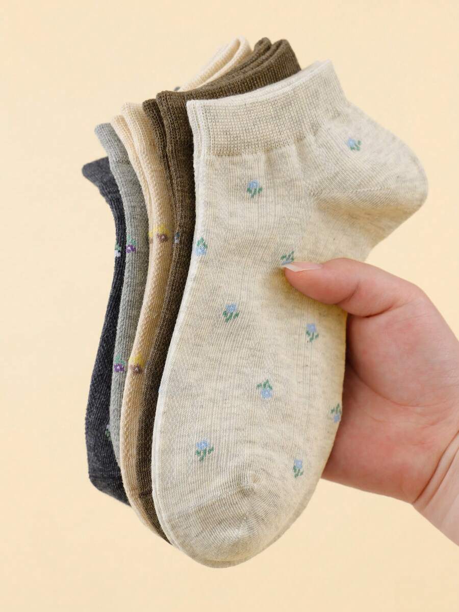 5 Pairs Women's Floral & Striped Invisible Liner Socks For Daily Wear - Multicolor - View 1