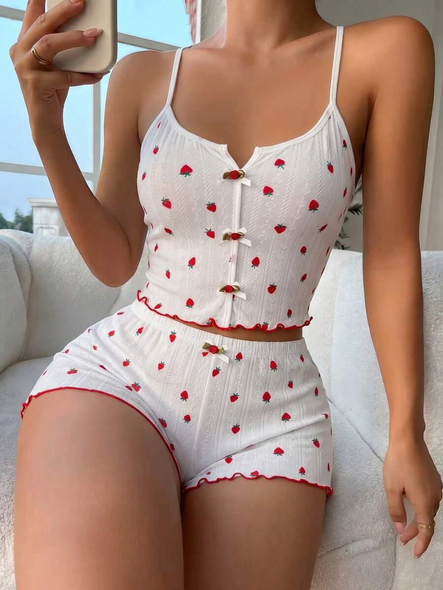 Conjunto de pijama de camisola & shorts con estampado de fresas para mujer, diseño de tirantes cruzados en la espalda, lindo & sexy - Blanco - Ver 1