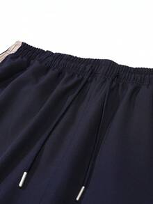 Men's Navy Casual Sweatpants,Drawstring Waist With Beige Side Stripe Design ,Versatile Straight Leg Trousers For Weekend Outings Sports Fall - Navy Blue - View 8