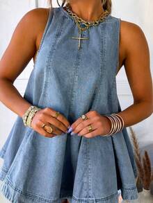 2026 Summer Fashion Casual Loose Sleeveless Cowboy Shorts Set - Blue - View 4