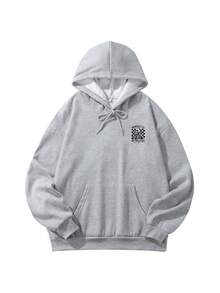 1pc Unisex Skull Slogan Checkerboard Print Comfortable Pullover Sweatshirt, Y2K Grunge Streetwear Sweatshirt Fall - Dark Gray - View 4