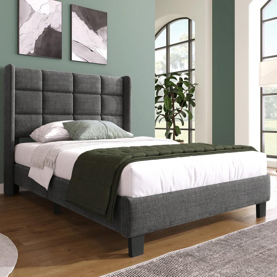 Modern Bed Frame With Linen Grey Upholstery - 90x200cm - Grey - View 1