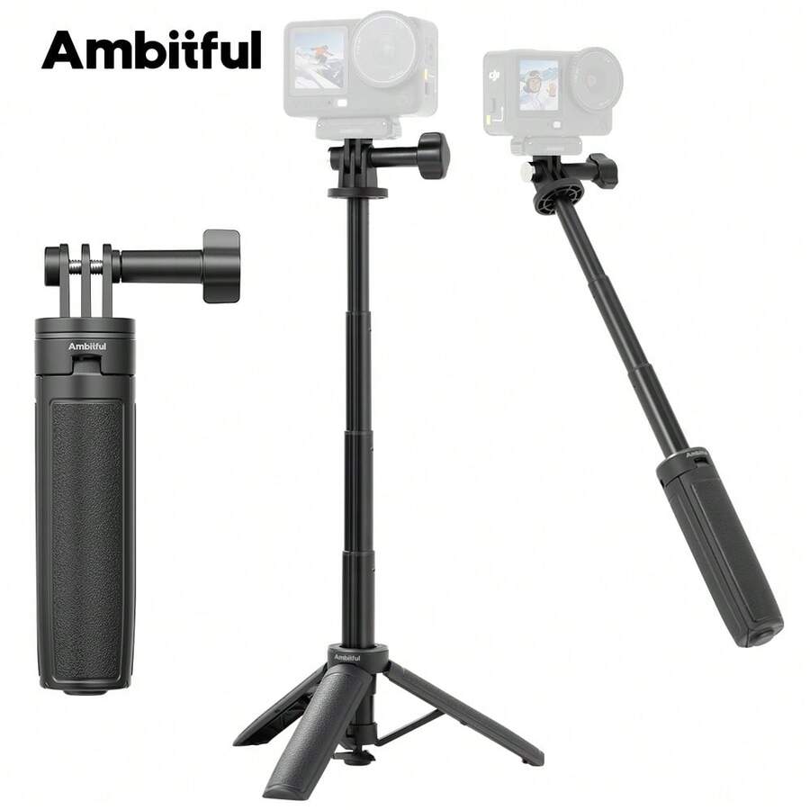 Ambitful GQ03 迷你自拍棒三腳架手柄，一鍵彈出式便攜相機手柄，附 1/4" 螺絲接口，口袋尺寸 Vlog 手持穩定器，適用於運動相機、智慧型手機、LED 補光燈