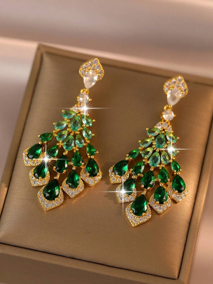 1 Pair Gorgeous Gradient Green Zirconia Peacock Tail Shaped Long Pendant Earrings, Eye-Catching Jewelry, Suitable For Banquet, Wedding, Party, Ball And Birthday Gift