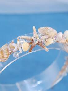 KOVLYNE 1pc Ocean Pearl Shell Crystal Women's Headband, Mermaid Style Shell Hair Crown, Bridal And Party Beach Wedding Hair Accessory - White - View 3