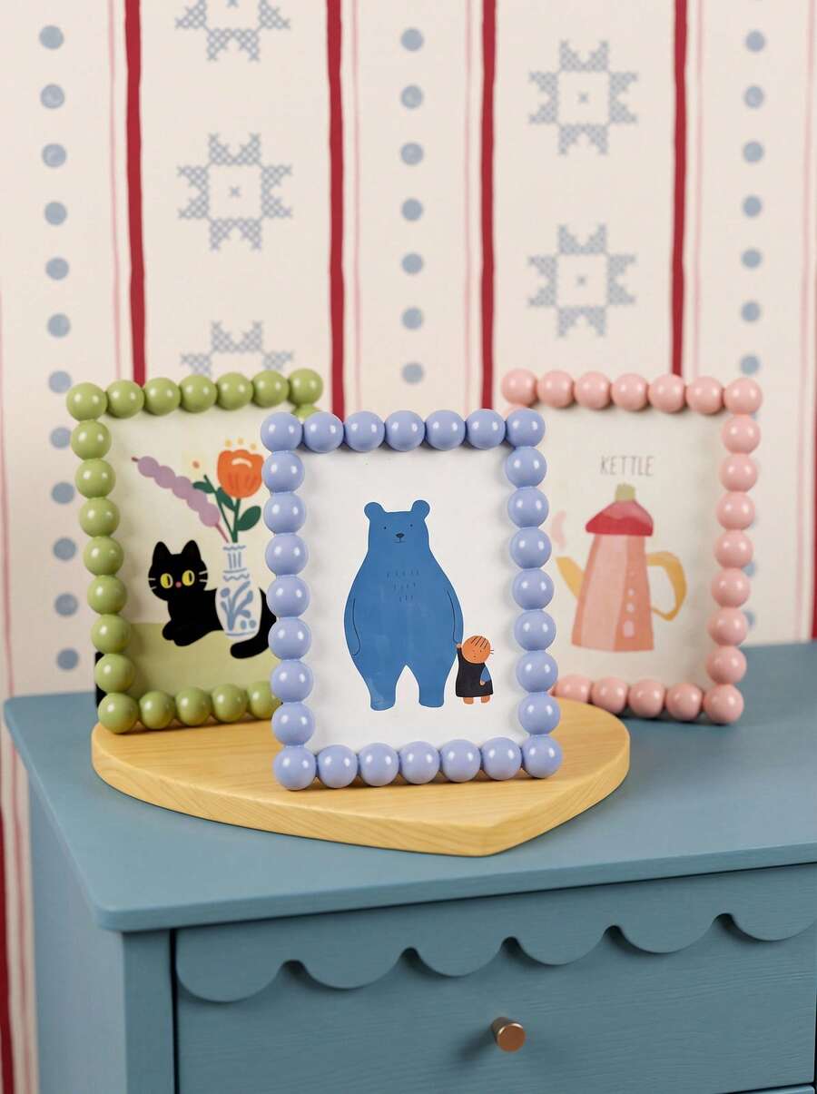 Joivida 1pc Cute Cartoon Beaded Photo Frame, Nordic Style Creative Desktop Decor, Multi-Color Cute Animal And Floral Pattern Photo Frame, Perfect For Home Living Room Bedroom Office Desk Decoration, White/Pink/Green/Blue Available - 1PC - View 1