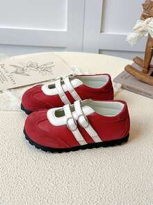 Kids Red White Contrast Double Buckle Non‑Slip Soft Sole Casual Flat Shoes - Red - View 4