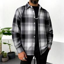 男士長袖法蘭絨格紋襯衫，加厚秋冬商務休閒灰色 - 白色 - 查看 1