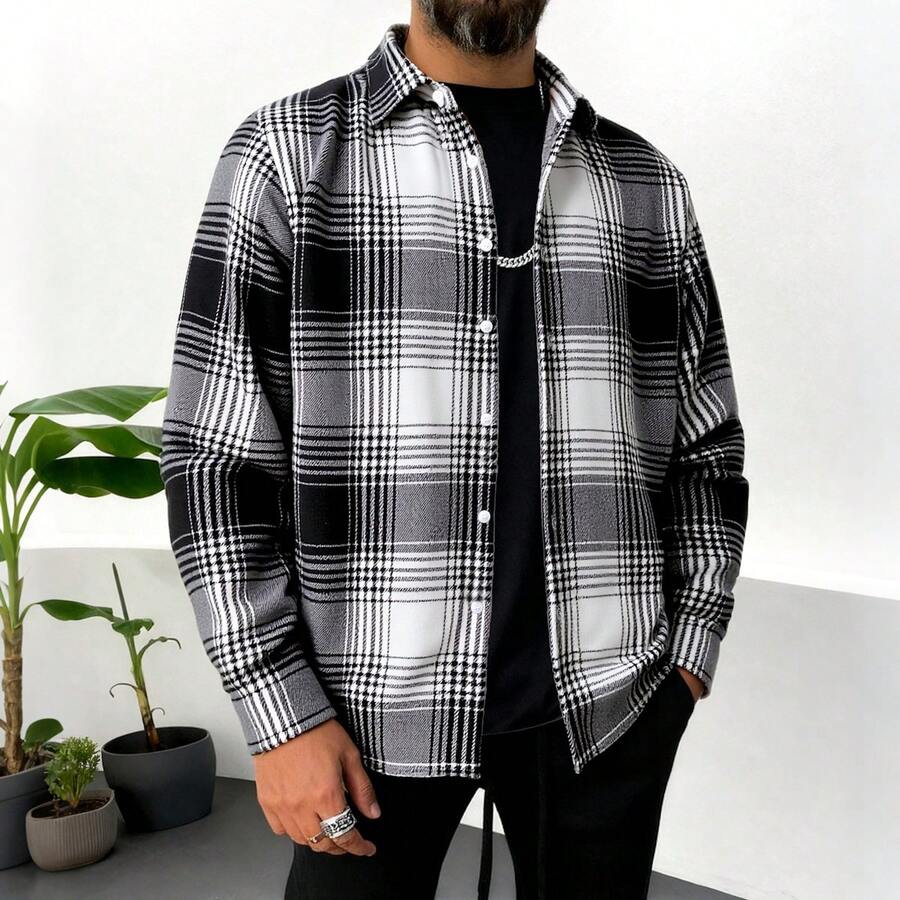 男士長袖法蘭絨格紋襯衫,加厚秋冬商務休閒灰色 - 白色 - 查看 1
