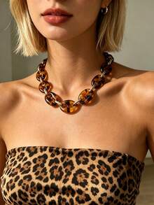 1pc Fashion Asymmetrical Leopard Print Punk Style Collarbone Chain High-End Oval Link Necklace Elegant Sexy Women's Neck Jewelry - Multicolor - View 1