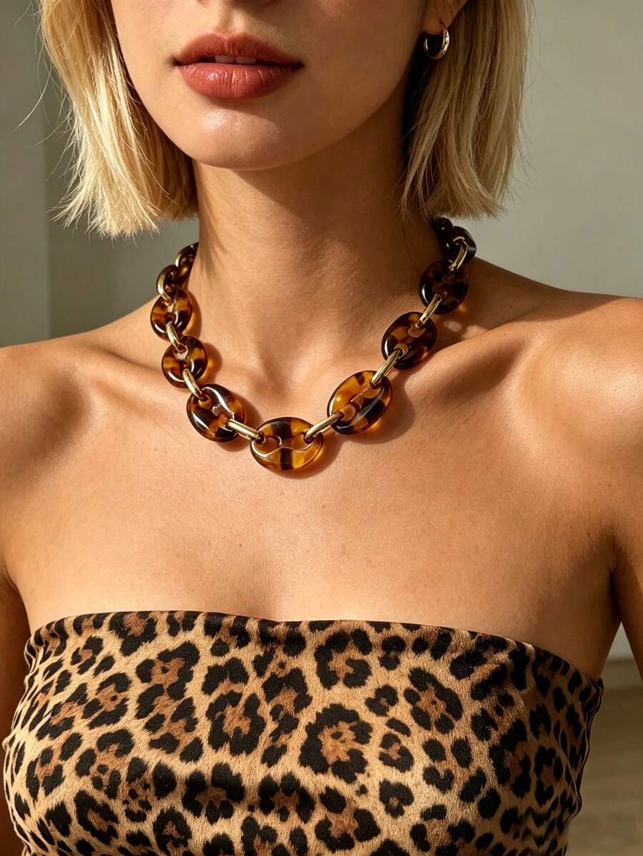 1pc Fashion Asymmetrical Leopard Print Punk Style Collarbone Chain High-End Oval Link Necklace Elegant Sexy Women's Neck Jewelry - Multicolor - View 1