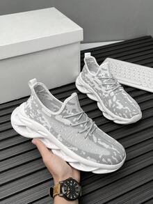 Men's Vintage Camouflage Pattern Mesh Blade Thick Sole Athletic Shoes, Outdoor Commute Comfortable Versatile Casual Sneakers - white ash - View 6