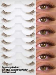 10 Pairs Brown Half-Eye Extended Tail Invisible Band Natural Fit 3D Fluffy Curly Caramel Color Faux Eyelashes Soft Lightweight For Beginners Dating Travel - View 1