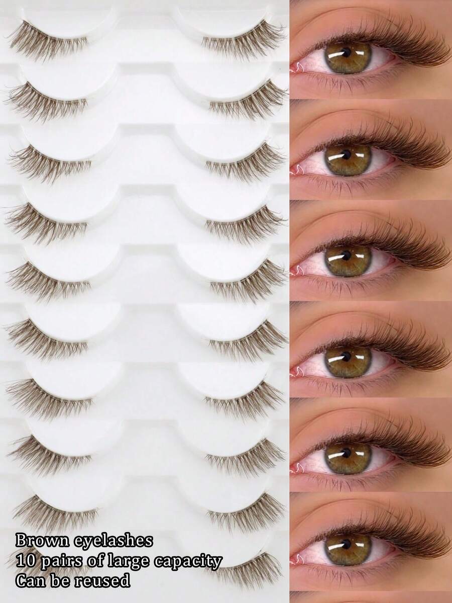 10 Pairs Brown Half-Eye Extended Tail Invisible Band Natural Fit 3D Fluffy Curly Caramel Color Faux Eyelashes Soft Lightweight For Beginners Dating Travel - View 1