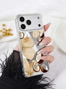 復古米色扶桑花與椰子元素鏡面手機殼，適用於 iPhone 13 15 16 17pro 17 14 17 17pro Max 15Pro 14Pro，亦適用於 Galaxy/A54 A14 A15 S23 S24 S24ultra S25 A07 A17 S26 A57，高級透明硬殼，西式夏季海灘系列 - 彩色 - 查看 4