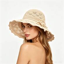1pc Elegant Women's Floral Crochet Decor Straw Bucket Hat - Breathable, Sun Protection, Multi-Functional Summer Beach Hat, Beach Essential - Multicolor - View 4