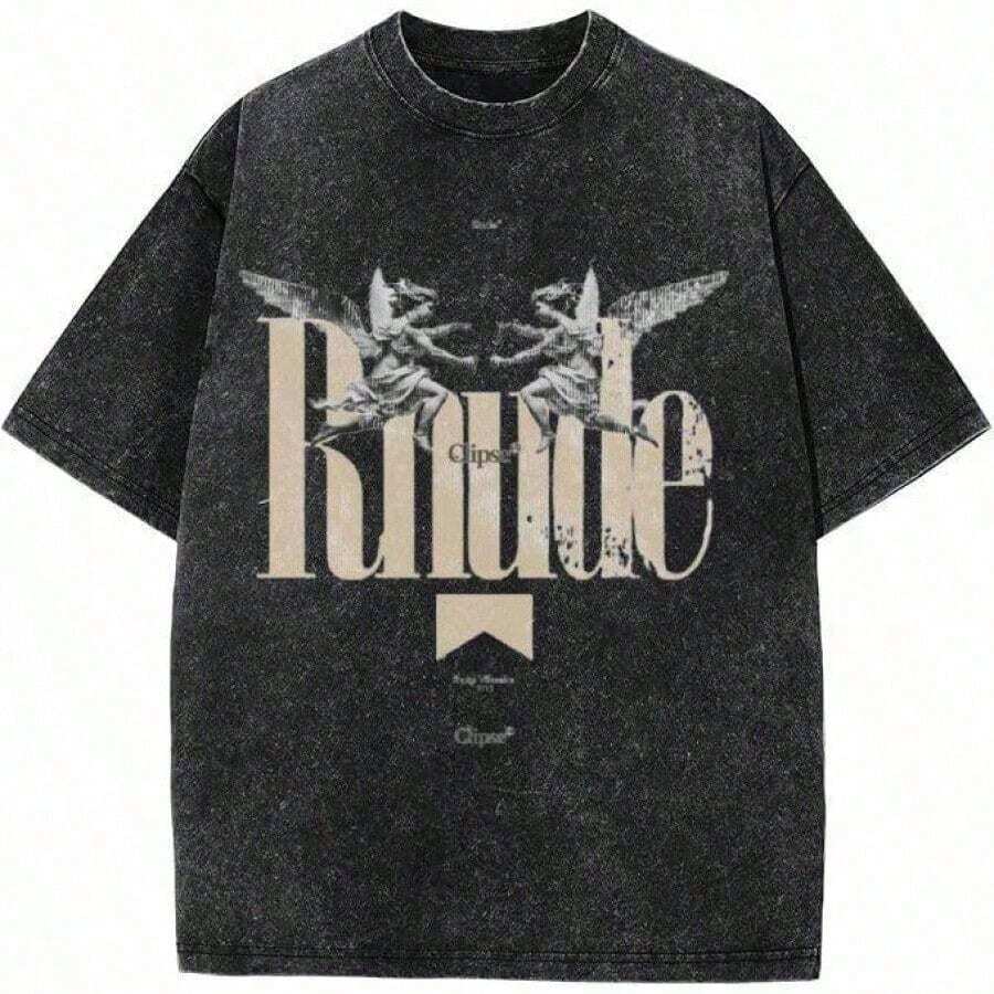 T-shirt surdimensionné Rhude délavé à l'acide, T-shirt graphique unisexe délavé, Streetwear & Gym, Cadeau pour lui 2026 - Noir - Voir 1