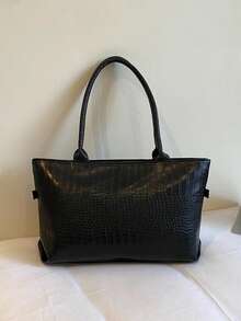 New Personalized Women's Vintage Soft Leather Tote Bag, Minimalist Office Commute Crocodile Pattern Shoulder Bag, PU Material, Zipper Closure - Black - View 8