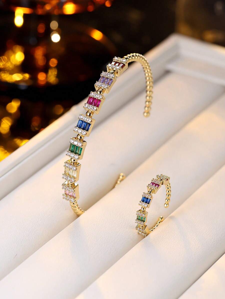 1pc Luxury Niche Honeycomb Hexagon Geometric Patchwork Bracelet Ring Jewelry Design, Suitable For Daily Wear And Gatherings - Bracelet Ring Set - View 1