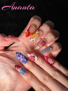 10pcs Almond Shaped Handmade Acrylic Press-On Nails, Premium French Cat Eye Tie Dye Hand-Painted Asymmetrical Line Colorful Nail Tips, With Tool Kit, Suitable For Party, Wedding, Daily Wear, For Girls And Women - Multicolor - View 5