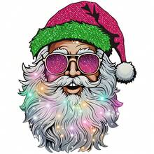 1/2/3pcs Pink Green Glitter Christmas Hat Sunglasses Santa Claus Gradient Beard Heat Transfer Sticker, American Vintage Style Christmas DIY Print, Suitable For T-Shirt, Hoodie, Canvas Bag, Pillow - Multicolor - View 1
