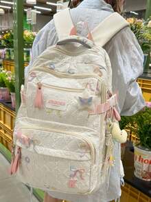 Student Backpack, Bow Embroidery Pattern Soft Quilted Fabric With Pendant, Multiple Pockets Adjustable Shoulder Straps, Cute Japanese Style, Suitable For Teenage Girls Daily Use In All Seasons - Multicolor - View 8