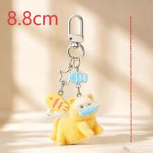 1pc/2pcs Women's Cartoon Flocked Cat With Fish Pendant, Beaded Fish Charm Keychain, Cute Bag Accessory - Multicolor - View 4