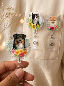 Custom Pet Photo Badge Reel Clip, Floral Acrylic ID Clip, Personalized Animal Portrait Name Tag For Nurse Teacher Office Daily Work Gift - Multicolor - View 3