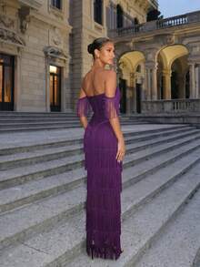 LOVE&LEMONADE Purple Off-Shoulder Sequin Tassel Long Evening Gown - Purple - View 4