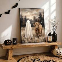 1pc Framed Canvas Wall Art, Vintage Country Style Highland Cow And Cute Ghost Wilderness Oil Painting Canvas Wall Decor, Low Saturation Atmospheric Autumn Forest Farmhouse Poster, Hot-Selling Home Decor Wall Hanging, Suitable For Modern Home Decoration - Ghost - View 7