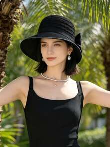 1pc Women's Summer Cute Sweet Solid Color Bow Decor Elegant Outdoor Sun Hat, Summer Hot-Selling New Versatile Easy-To-Care-For Face-Slimming Elegant Elegant Outdoor Beach Sun Hat, Comfortable Casual Suitable For Outings, Gatherings, Shopping, Travel, Vacation And Other Occasions - Multicolor - View 1