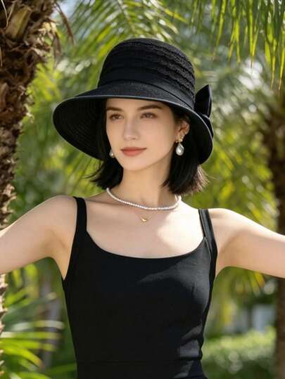 1pc Women's Summer Cute Sweet Solid Color Bow Decor Elegant Outdoor Sun Hat, Summer Hot-Selling New Versatile Easy-To-Care-For Face-Slimming Elegant Elegant Outdoor Beach Sun Hat, Comfortable Casual Suitable For Outings, Gatherings, Shopping, Travel, Vacation And Other Occasions