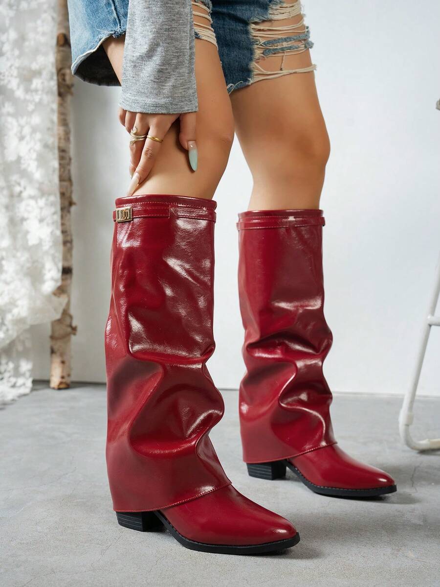 Women's Red Tall Slip-On Boots, Fashion Pleated Stacked Design With Folded Cuff, Plus Size, Versatile Styling, Hot Girl Style, Holiday Boots With Gold Buckle Decor, Chunky Heel, Comfortable For All-Day Wear - Burgundy - View 1