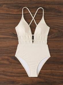 Traje de baño de una pieza sexy para mujer con cuello halter y lazo, sin mangas, corto de punto, estilo casual de playa para vacaciones de verano, con recortes - Albaricoque - Ver 5