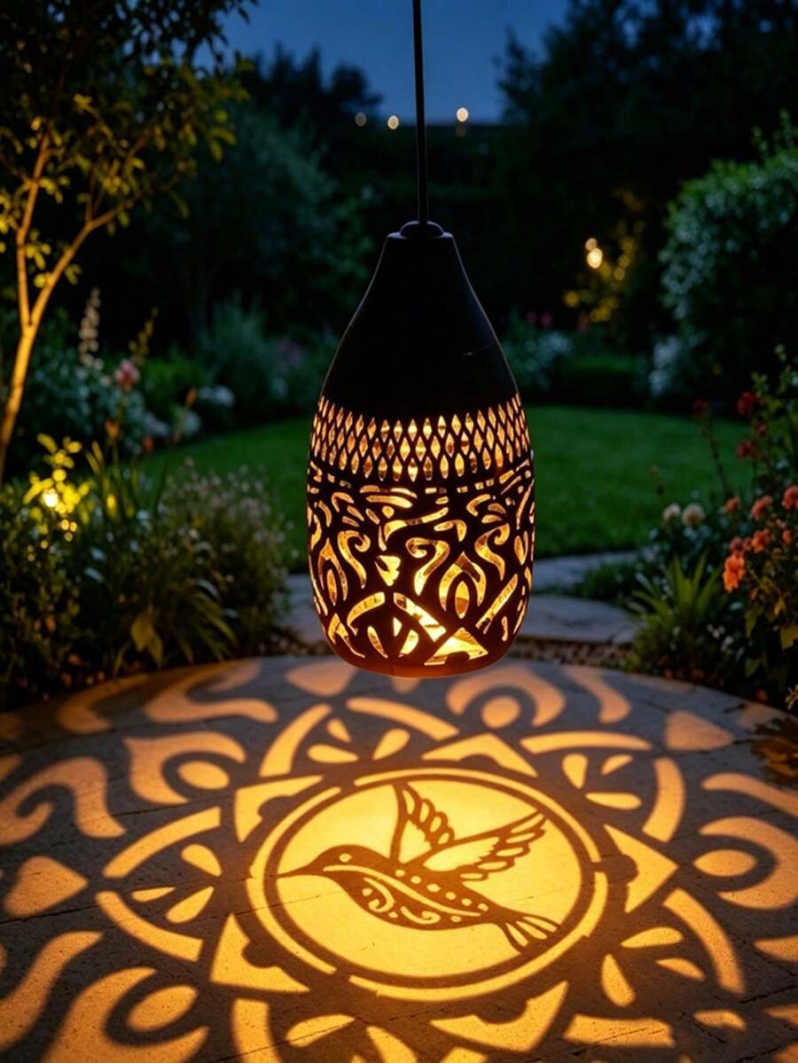 1pc Copper-Colored Solar Hanging Lantern, Hummingbird Hollow Metal Pendant Light, Vintage Outdoor Solar Light, Waterproof Garden Decor Light, Suitable For Patio/Yard/Walkway Romantic Atmosphere Lighting - Multicolor - View 1