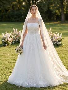 Elasola White Strapless Wedding Dress, Heavy Lace Sequin Mesh Full Skirt, Bridal Main Gown / Reception Dress, Veil Not Included Fall - White - View 2